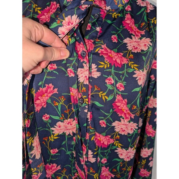 Old Navy Dress M Women's Blue Floral Long Sleeve Tie Neck Satin Shift - Picture 3 of 7